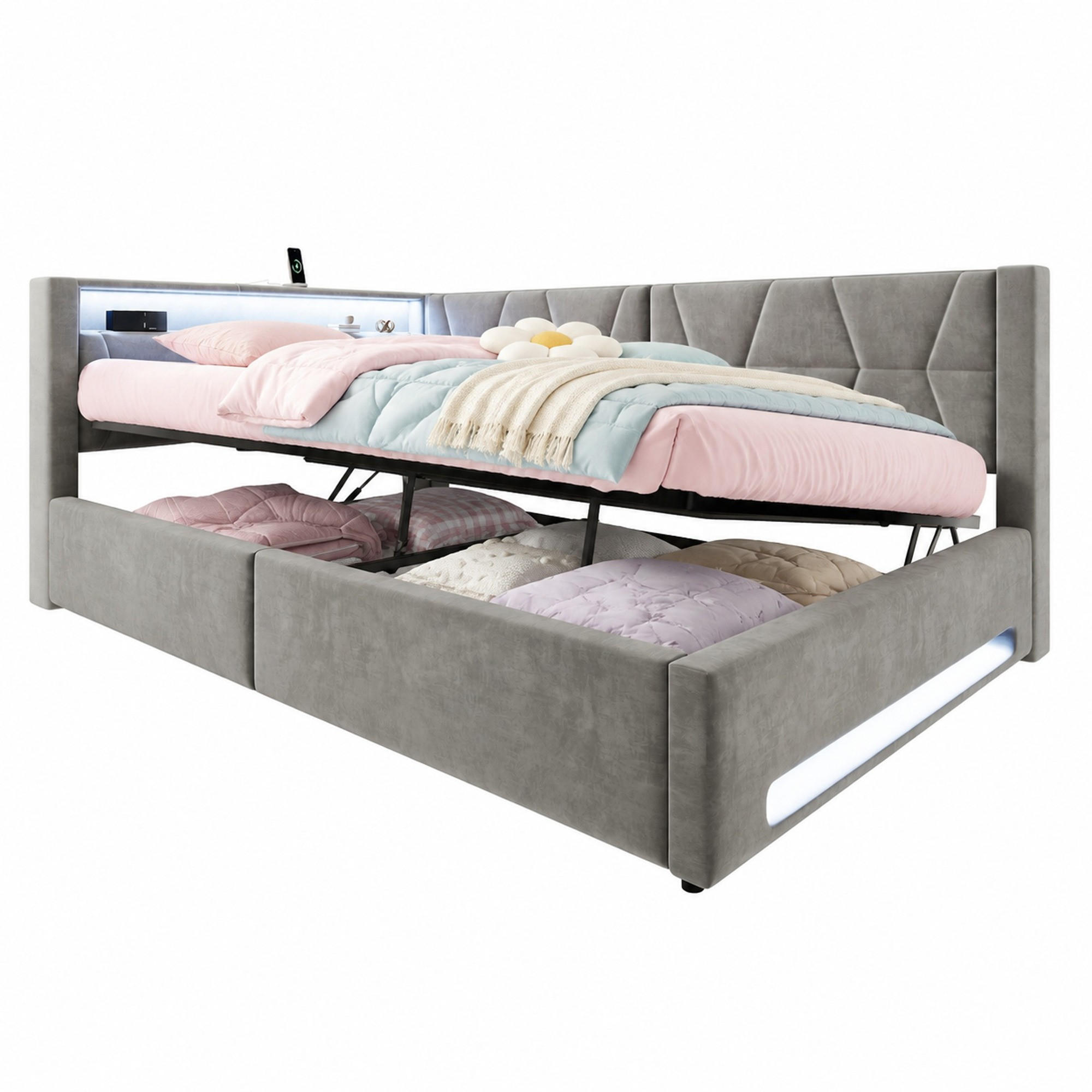 POLSTERBETT 140/200 mit Bettkasten, LED-Beleuchtung an Kopf- und Fußteil sowie USB und Type-C in Grau - Grau, Holzwerkstoff/Textil (140/200cm) - EVRYAE