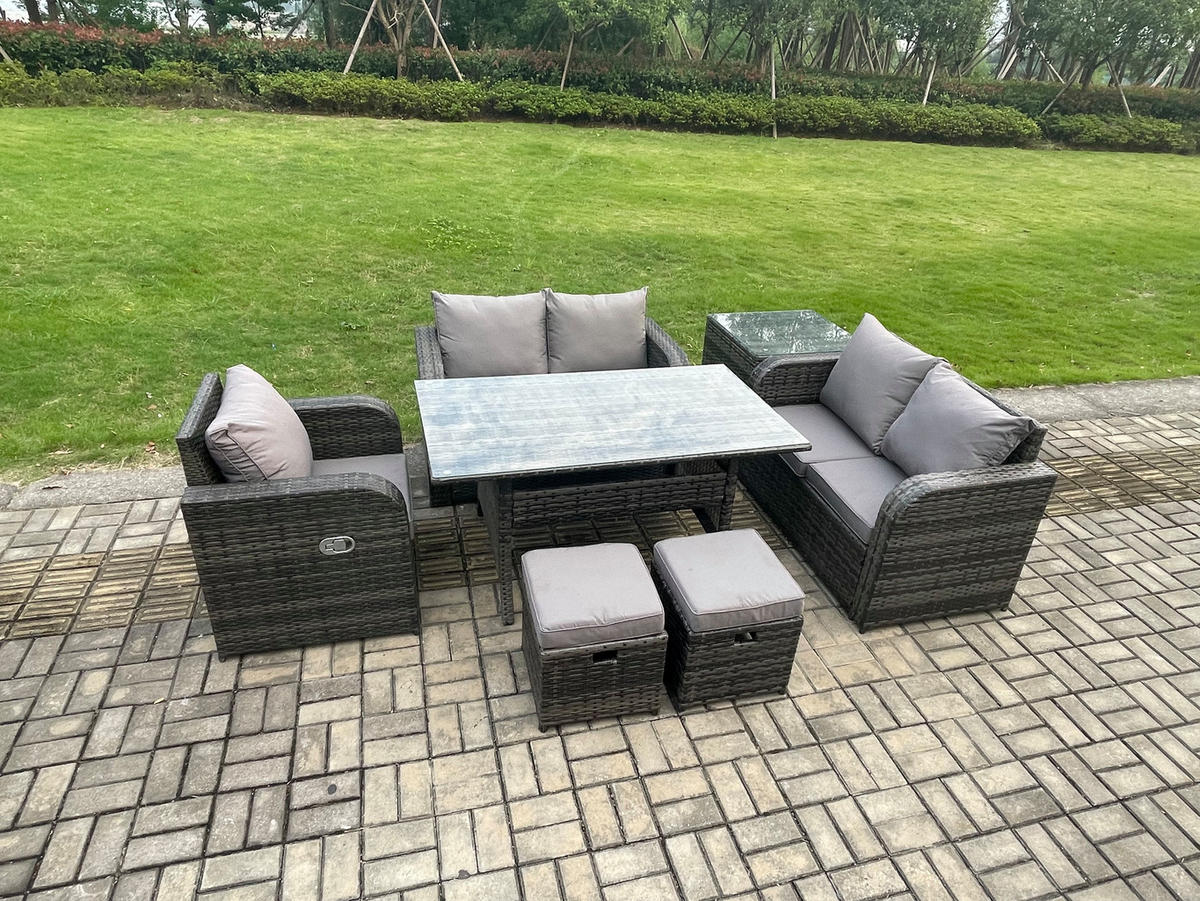 Gartenmöbelset mit Esstisch,Hockern,Beistelltisch Polyrattan Dunkelgrau 7-Sitzer - Dunkelgrau/Grau, Glas/Kunststoff - Fimous