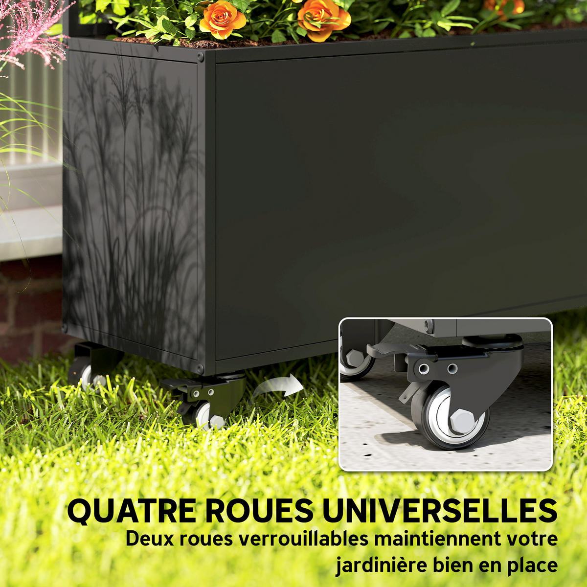 HOCHBEET DE-12311 mit Sichtschutz u. Rollen, 90/30/160 cm Schwarz - Schwarz, Metall (90/160/30cm) - ComfortXL