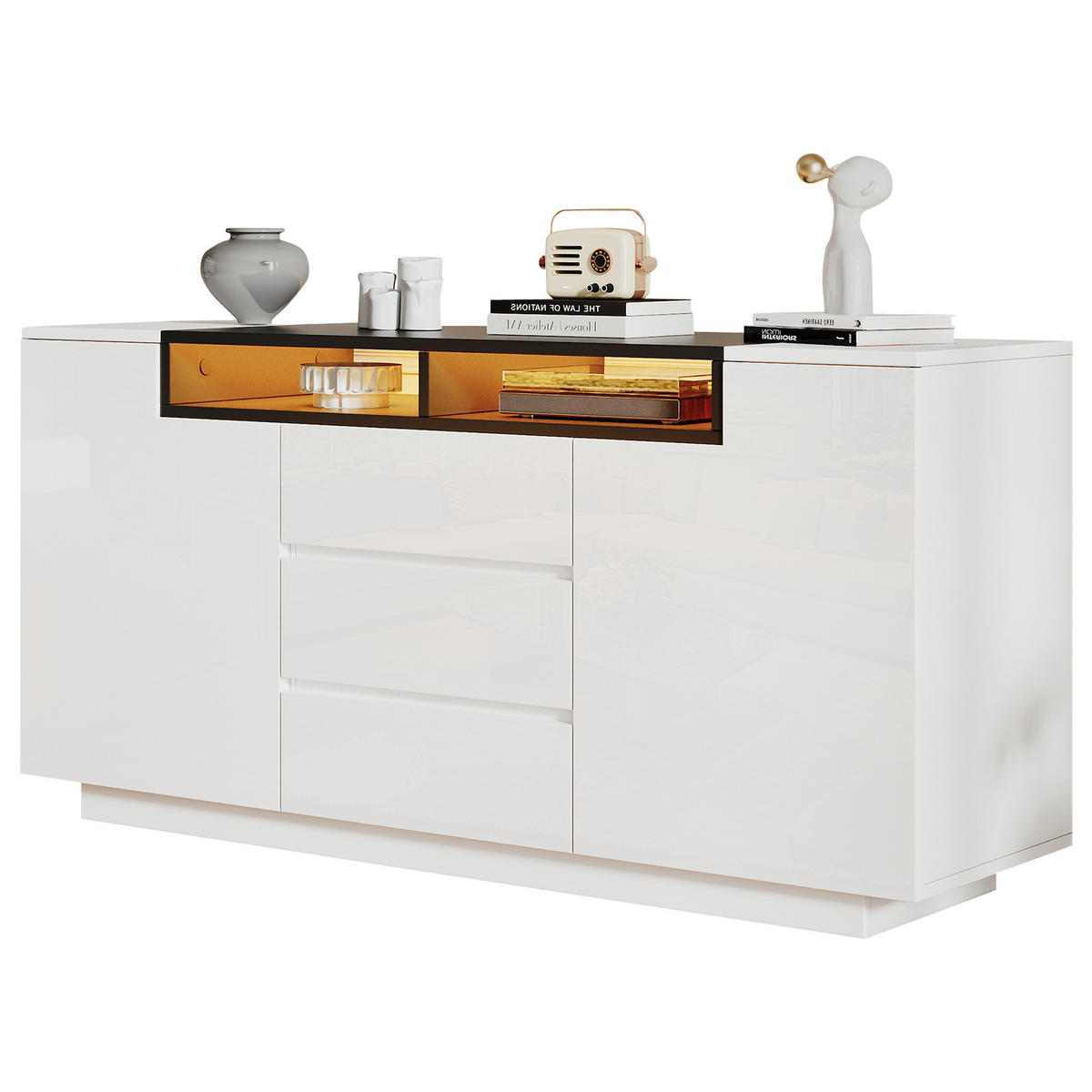 SIDEBOARD 140/40/68 cm Weiß/Schwarz mit 2 Türen und 3 Schubladen - Weiß, Holzwerkstoff (140/68/40cm) - OKWISH