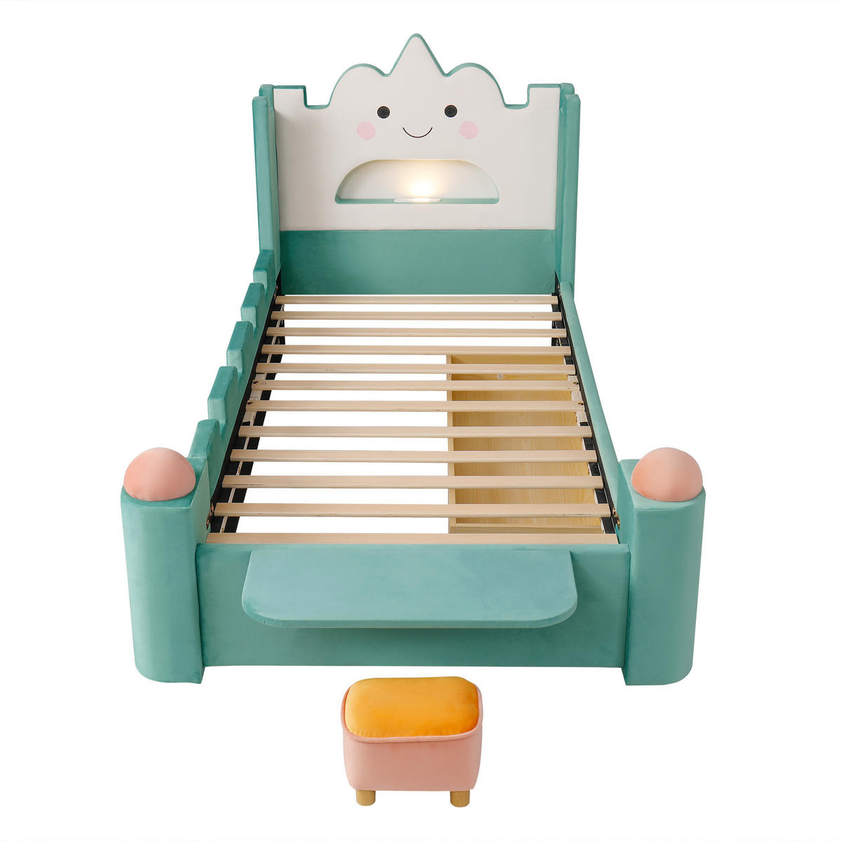 KINDERBETT 90/200 cm in Blaugrün mit Schublade, Ablage, USB und Leselampe Samt - Türkis, Holzwerkstoff/Textil (90/200cm) - CHICFURN