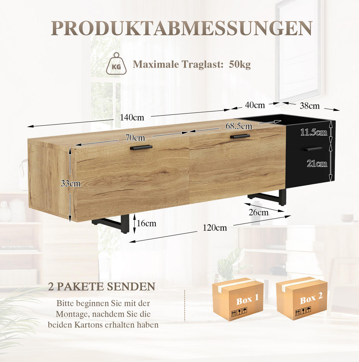 TV-SCHRANK aus Holzwerkstoff 180x38x49 cm Naturholz/Schwarz mit LED-Beleuchtung und Schubladen - Schwarz, Holzwerkstoff (180/49/38cm) - Modfu