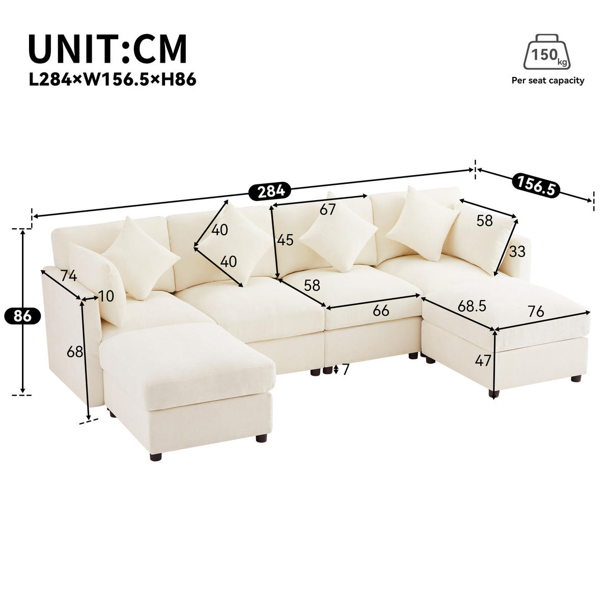 WOHNLANDSCHAFT 284/156.5/86 cm Beige mit 2 Hockern und verstellbaren Armlehnen - Beige, Textil (284/86/156.5cm) - Oxeza