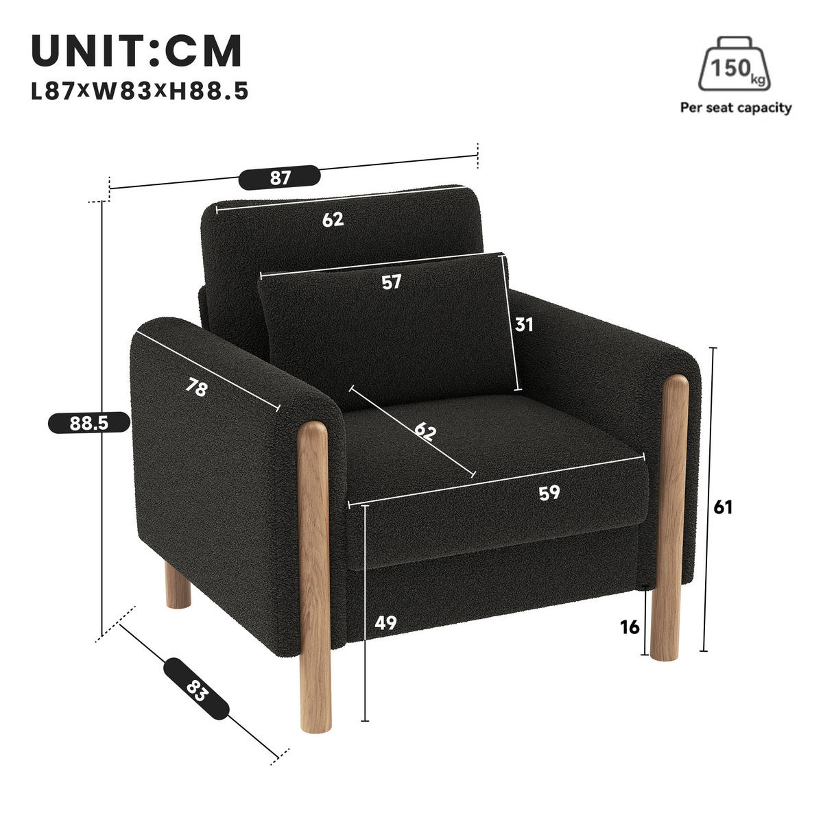 FOTELJA 87/83/88,5 cm s debelim jastukom i presvlakom od imitacije janjeće kože, Tamnosiva - tamno siva, tekstil (83/88.5/87cm) - Redom