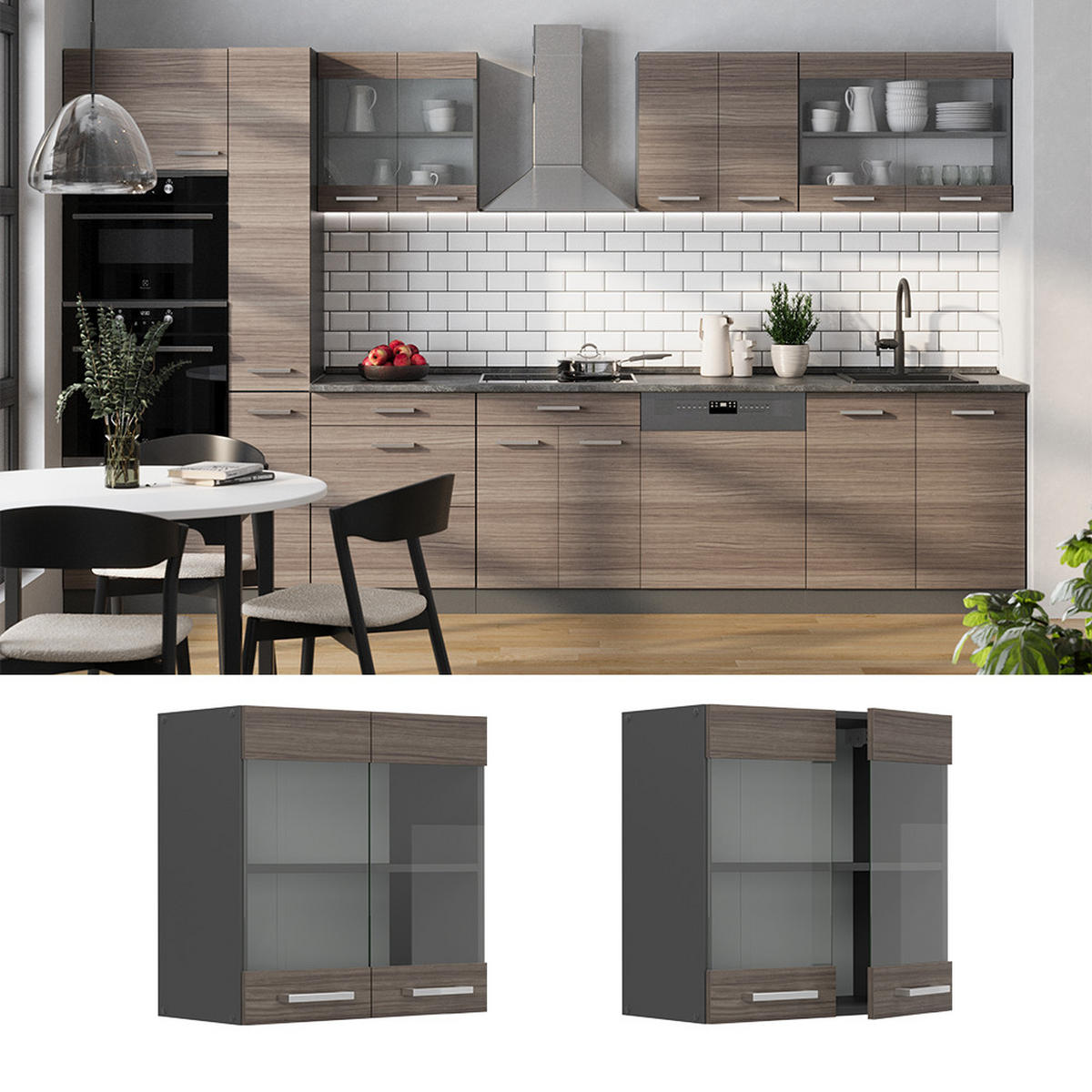 KÜCHENGLASHÄNGESCHRANK R-Line Edelgrau 60 cm - Anthrazit/Braun, Holzwerkstoff (60/60/31cm) - Vicco