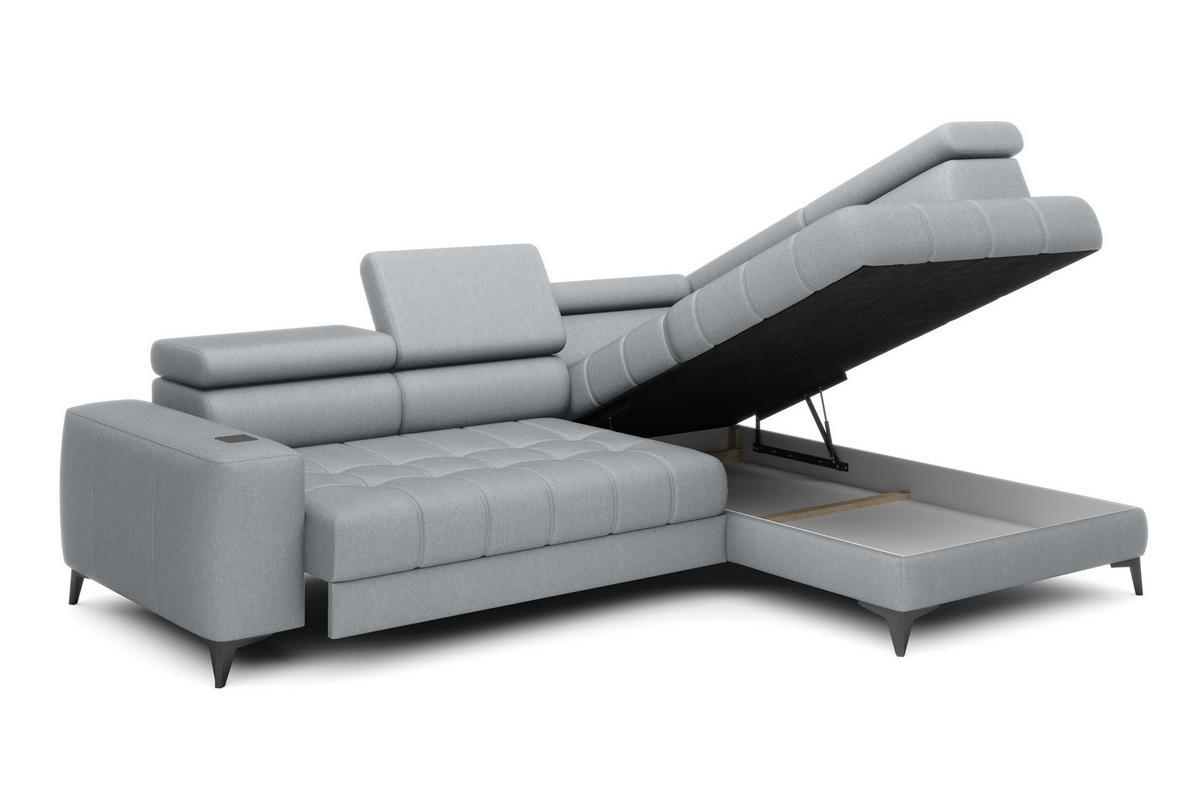 ECKSOFA BAGGIO Letto Stoff, Schlaffunktion, Bettkasten, Sitztiefe, Kopfstützen 280x196cm – Rechts – Hellgrau - Hellgrau, Holz/Textil (280/196cm) - DomoHome