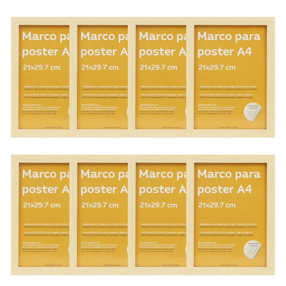 RAHMEN Set mit 8 aus MDF und Acrylglas Schutz und Aussteller für Fotografien, Bilder, Poster, Gemälde, Dekoration für Haus Farbe Hellholz A4 - Beige, Holz (21/3/29.7cm) - Nacnic