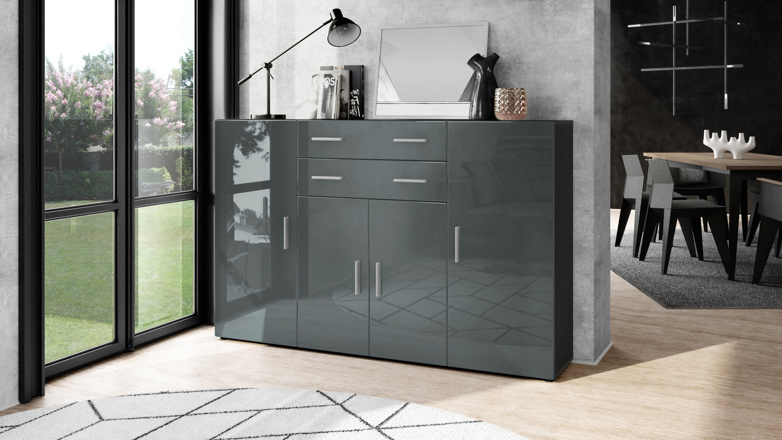 HIGHBOARD Aron Fronten in Grau Hochglanz - Grau, Holzwerkstoff (166.5/106.5/35cm) - Vladon