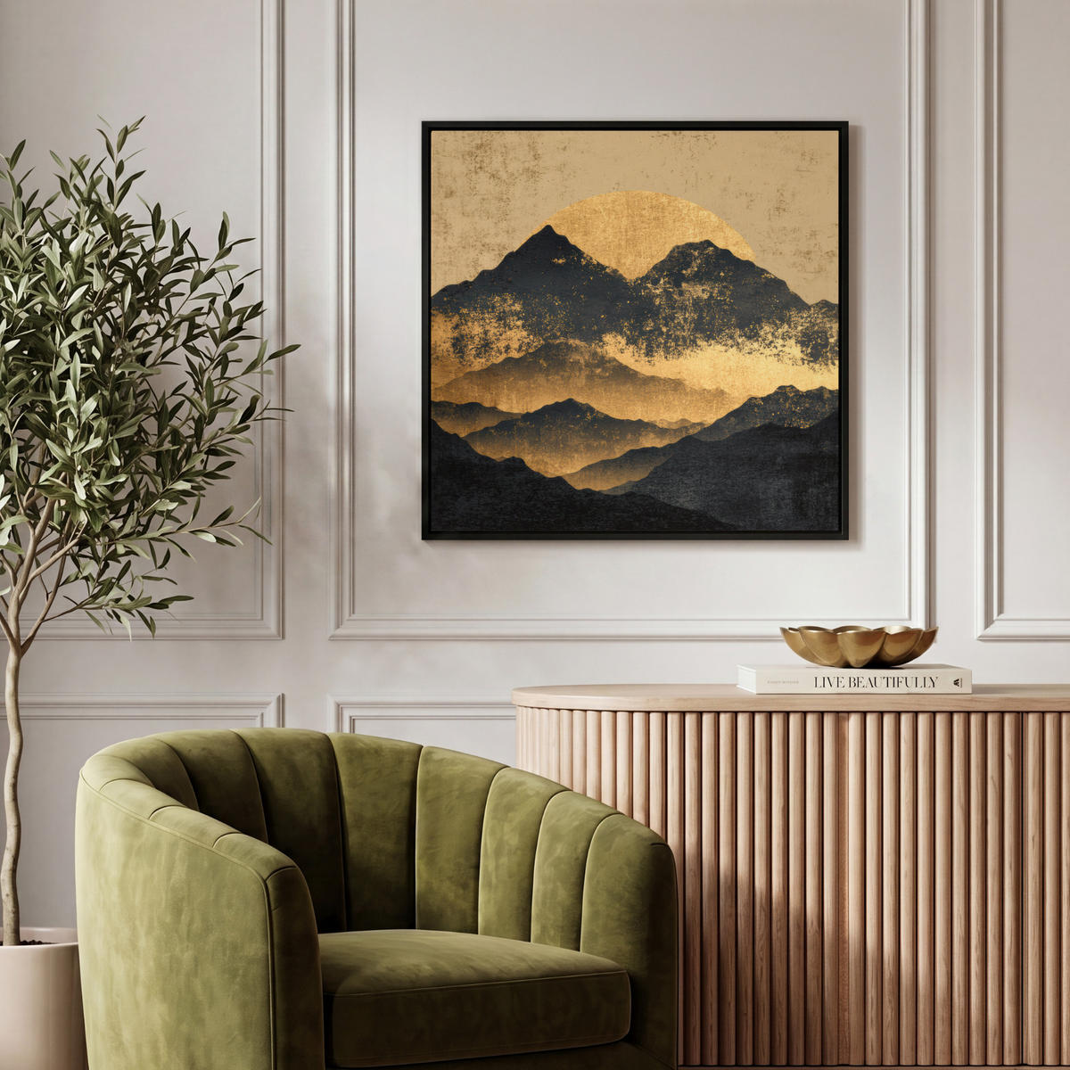 LEINWAND Bilder mit Rahmen - Goldene Berge bei Mondschein - 50x50 - Goldfarben, Textil (50/50cm) - MuchoWow