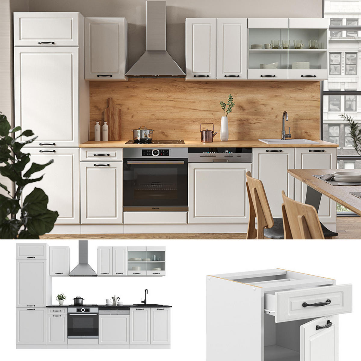 KÜCHENZEILE R-Line Weiß Landhaus/Weiß 300 cm ohne AP - Creme/Weiß, Holzwerkstoff (300/81.6/46cm) - Vicco
