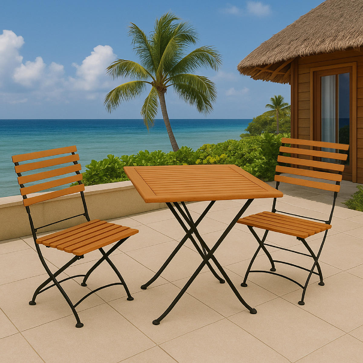 GARTENESSGRUPPE Bad Belzig - 3-teilig (2x Stuhl, 1x Tisch 75x75cm), Gestell Flachstahl schwarz, Latten Eukalyptusholz, FSC®-zertifiziert. - Schwarz, Metall - TPFGarden