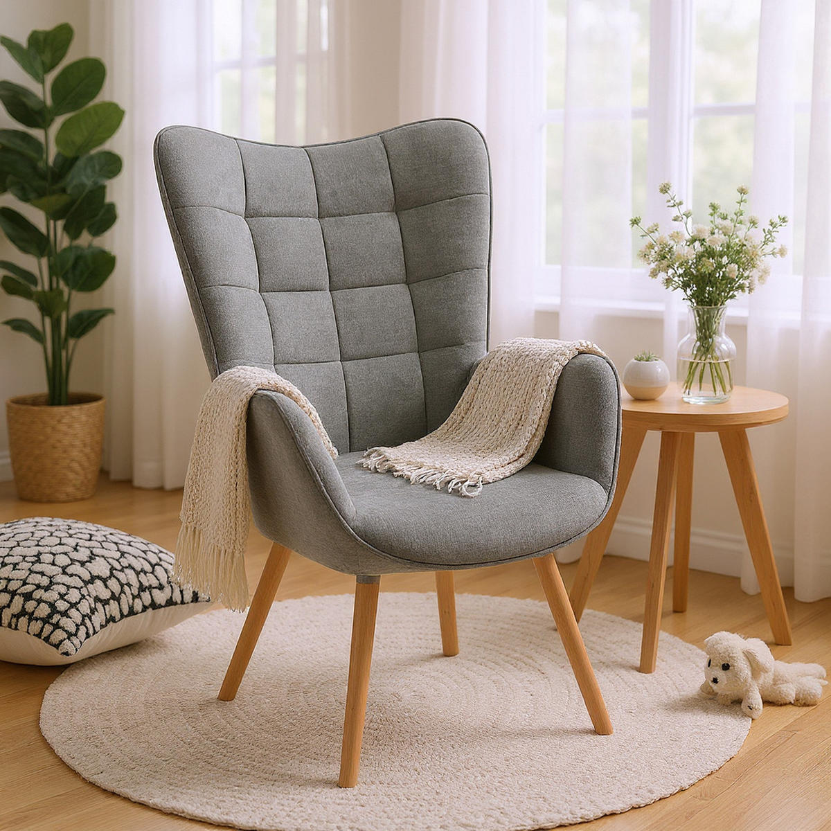 OHRENSESSEL in Webstoff, Grau - Grau, Holz/Textil (66/106/53cm) - Meubles Cosy