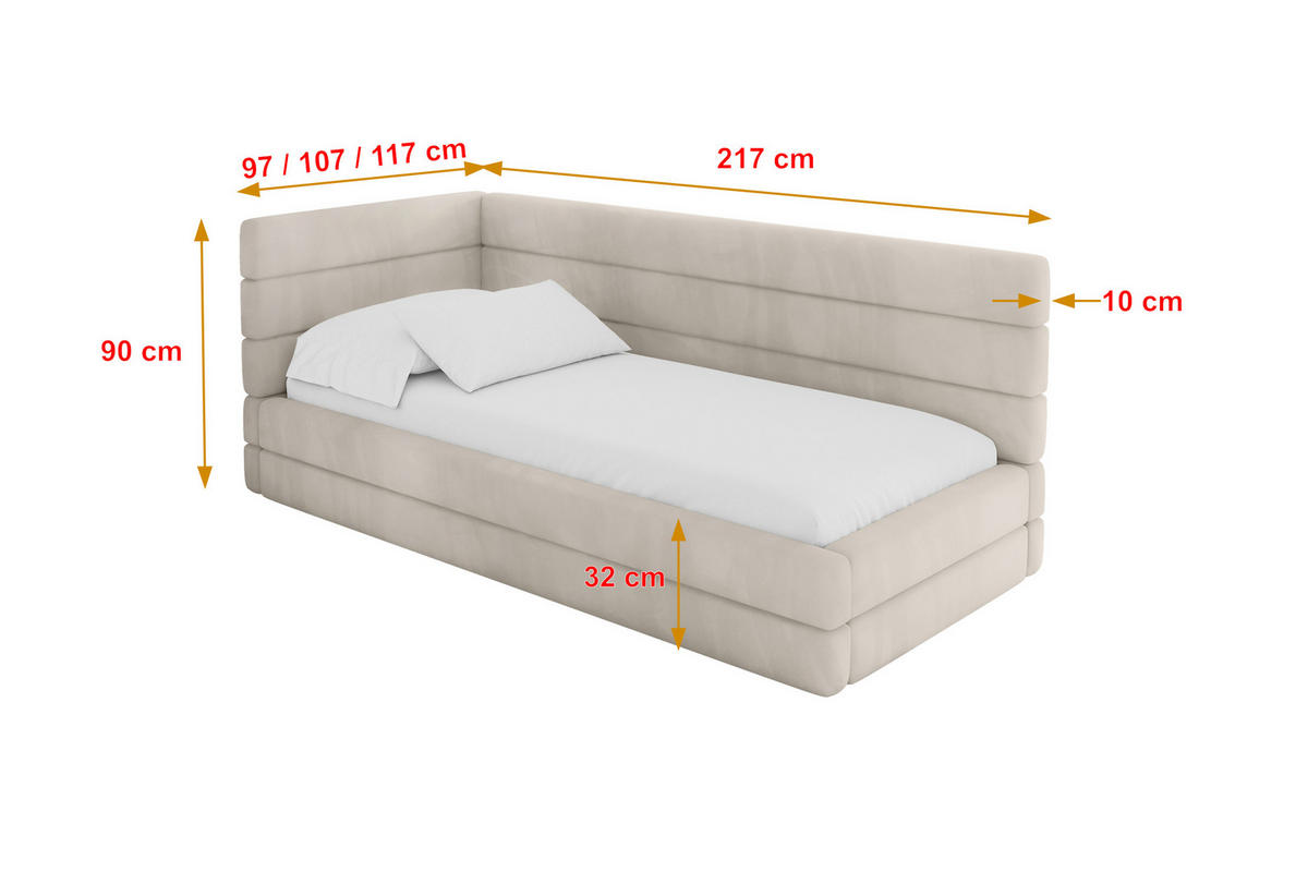 EINZELLBETT Jugendbett mit Bettkasten, Rechts - BEMY 90x200 Beige - Sandfarben, Holzwerkstoff/Textil (90/200cm) - ALTDECOR