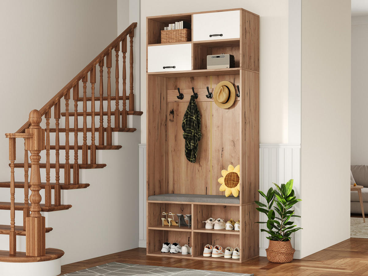 GARDEROBENSET 80/35/185 cm aus Spanplatte mit Sitzbank und LED-Beleuchtung Weiß/Naturfarben - Naturfarben, Holzwerkstoff (80/185/35cm) - Modenvie