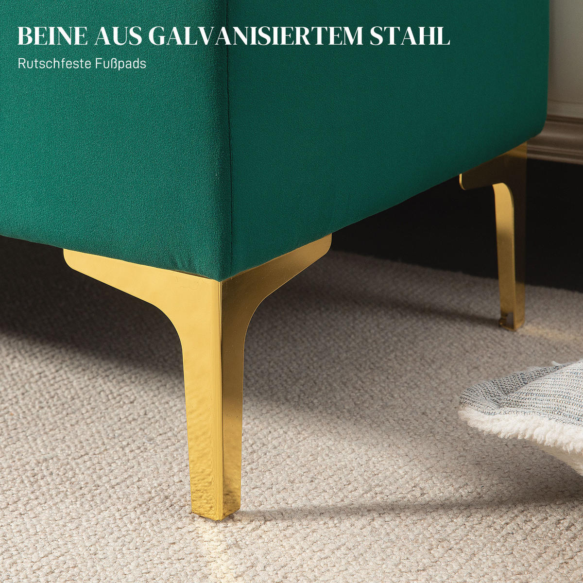SITZBANK mit Stauraum, Polsterbank mit Samtoptik, Metallbeine, für Wohnzimmer - Goldfarben/Grün, Kunststoff/Textil (44/44.5/120cm) - HOMCOM