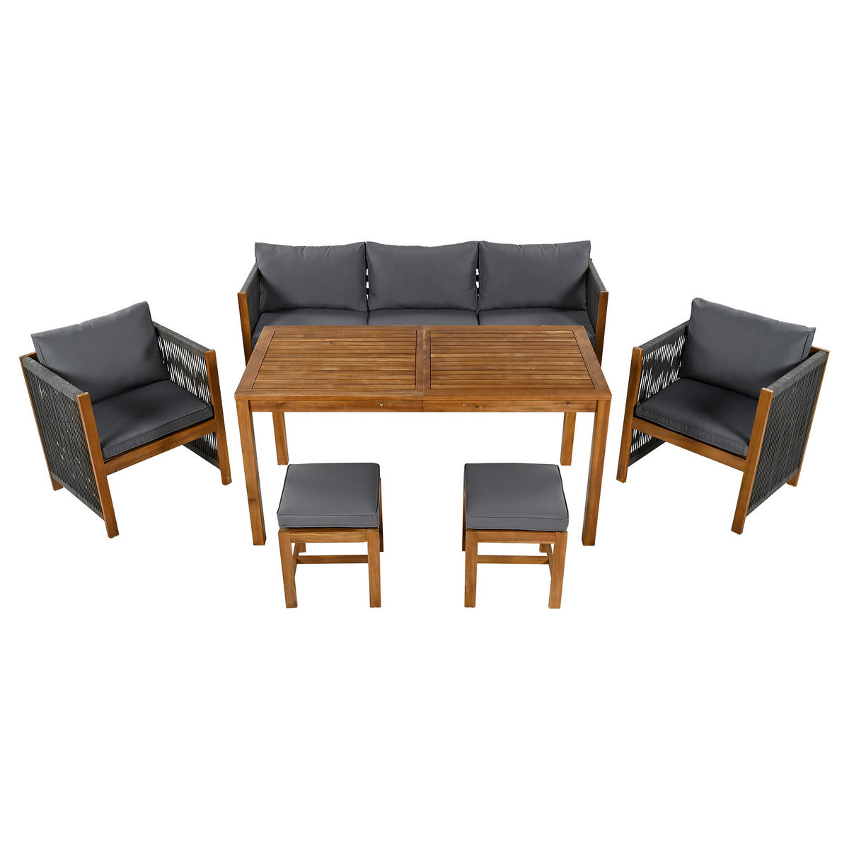 GARTEN-ESSTISCH-SET Grau mit Akazienholz-Tischplatte, 3er-Sofa, Sesseln & Hockern - Grau, Holz - ComfortXL