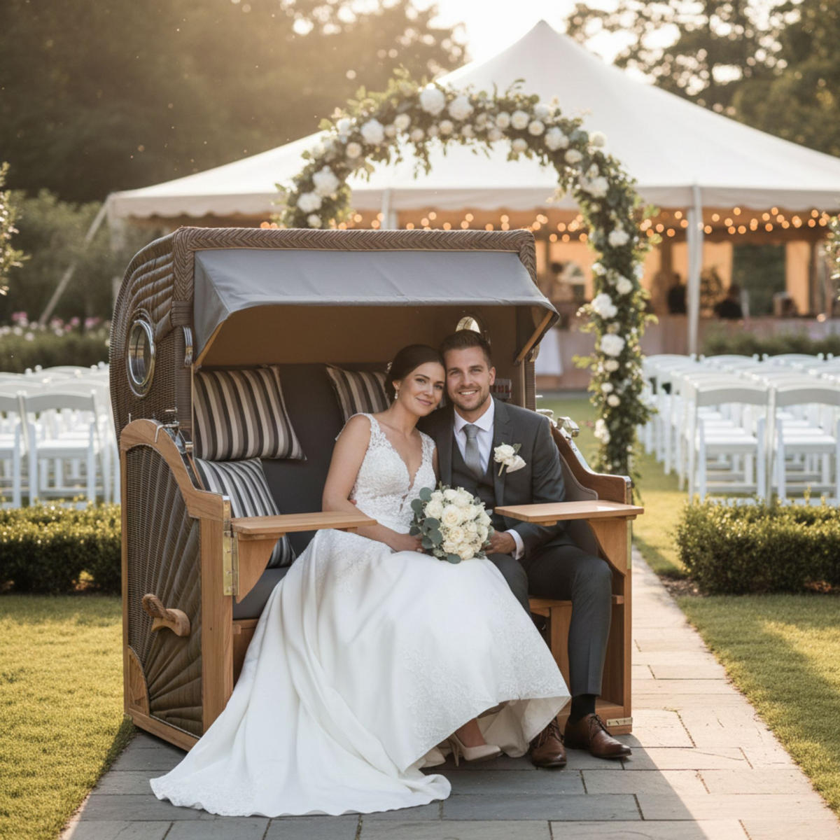 STRANDKORB Düne Grande Bullauge Teak PE Grey Dessin 544 - Braun/Grau, Metall (142/170/95cm) - Mr. Deko