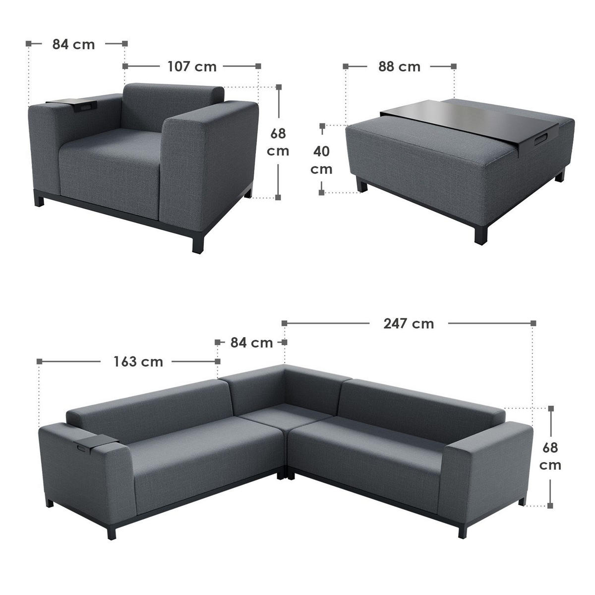 LOUNGEGARNITUR Sorano anthrazit inkl. Tabletts - Anthrazit, Metall - Juskys