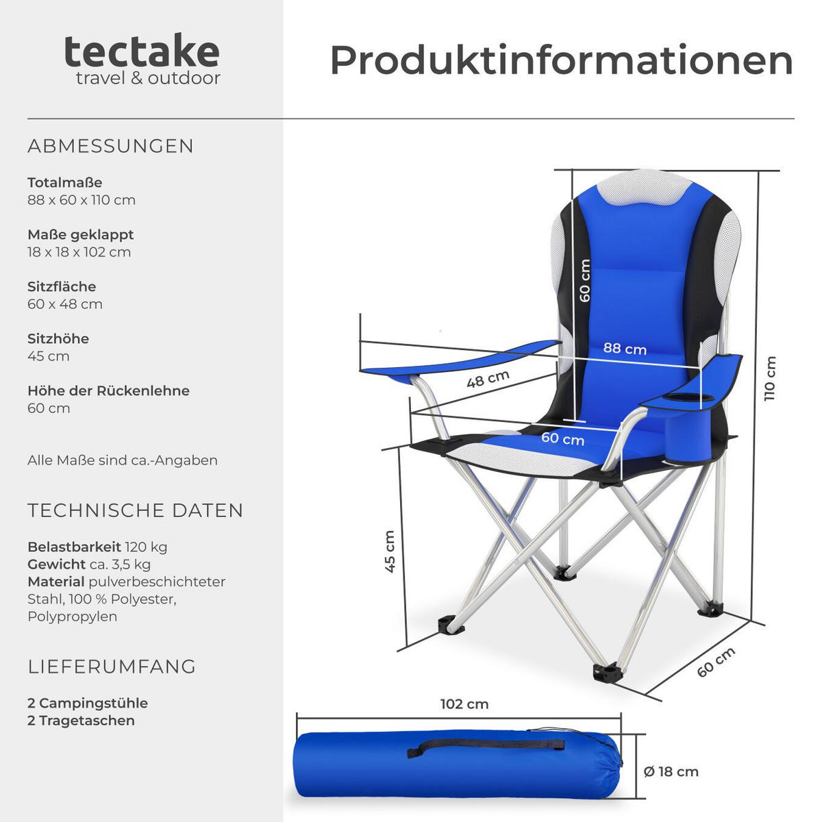 CAMPINGSTUHL 2er Set, 60 x 88 x 110 cm, blau - Blau, Textil (88/110/60cm) - tectake