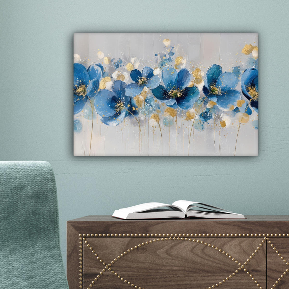 LEINWANDBILD Blumen - Blau - Abstrakt Deko Schlafzimmer 30x20 cm - Hellgrau, Textil (30/20cm) - MuchoWow