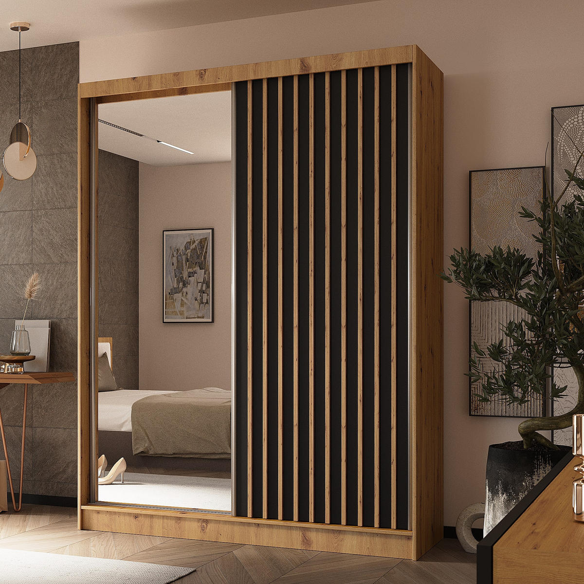 SCHWEBETÜRENSCHRANK LAMELLO 160/216/61 cm 2-türig mit Spiegel Eiche Artisan - Schwarz/Eiche Artisan, Holzwerkstoff (160/216/61cm) - MASSENO