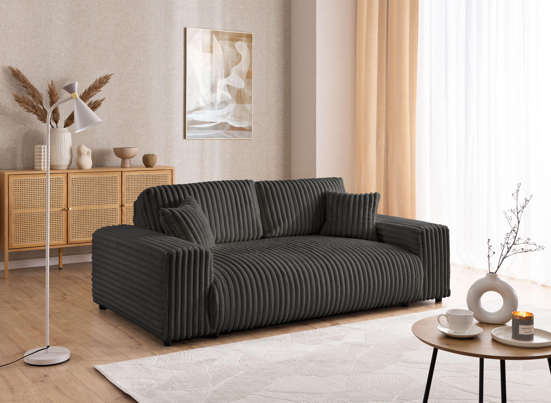 SITZGARNITUR 3+2 Mollis Dunkelgrau Plüschcord - Dunkelgrau/Schwarz, Holz/Kunststoff (213/79/108cm) - S-Style Möbel