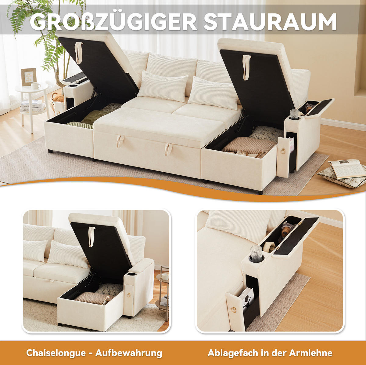 SCHLAFSOFA aus Chenille & Cord 272x131x84 cm in Beige mit Stauraum - Beige, Textil (272/84/131cm) - Modfu