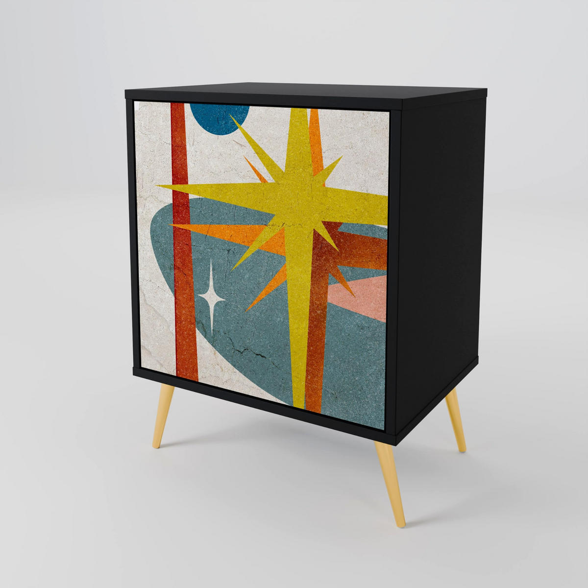 SIDEBOARD INTERSTELLAR VIBES, Schwarz, 57,5x42x70,5 cm, Schwarze Metall-Sternfüße - Multicolor/Schwarz, Holzwerkstoff/Metall (57.5/70.5/42cm) - SpaceRebels