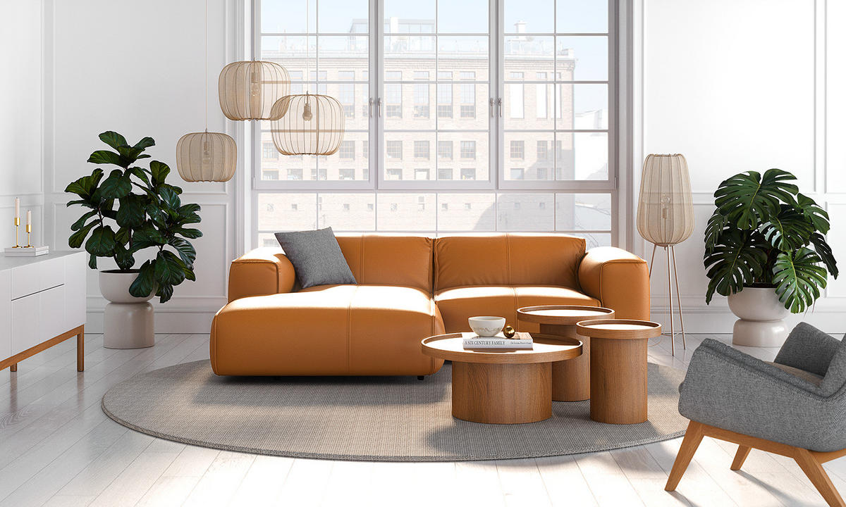 ECKSOFA mit XL-Longchair - Cognac/Schwarz, Leder/Kunststoff (260/171cm) - home24