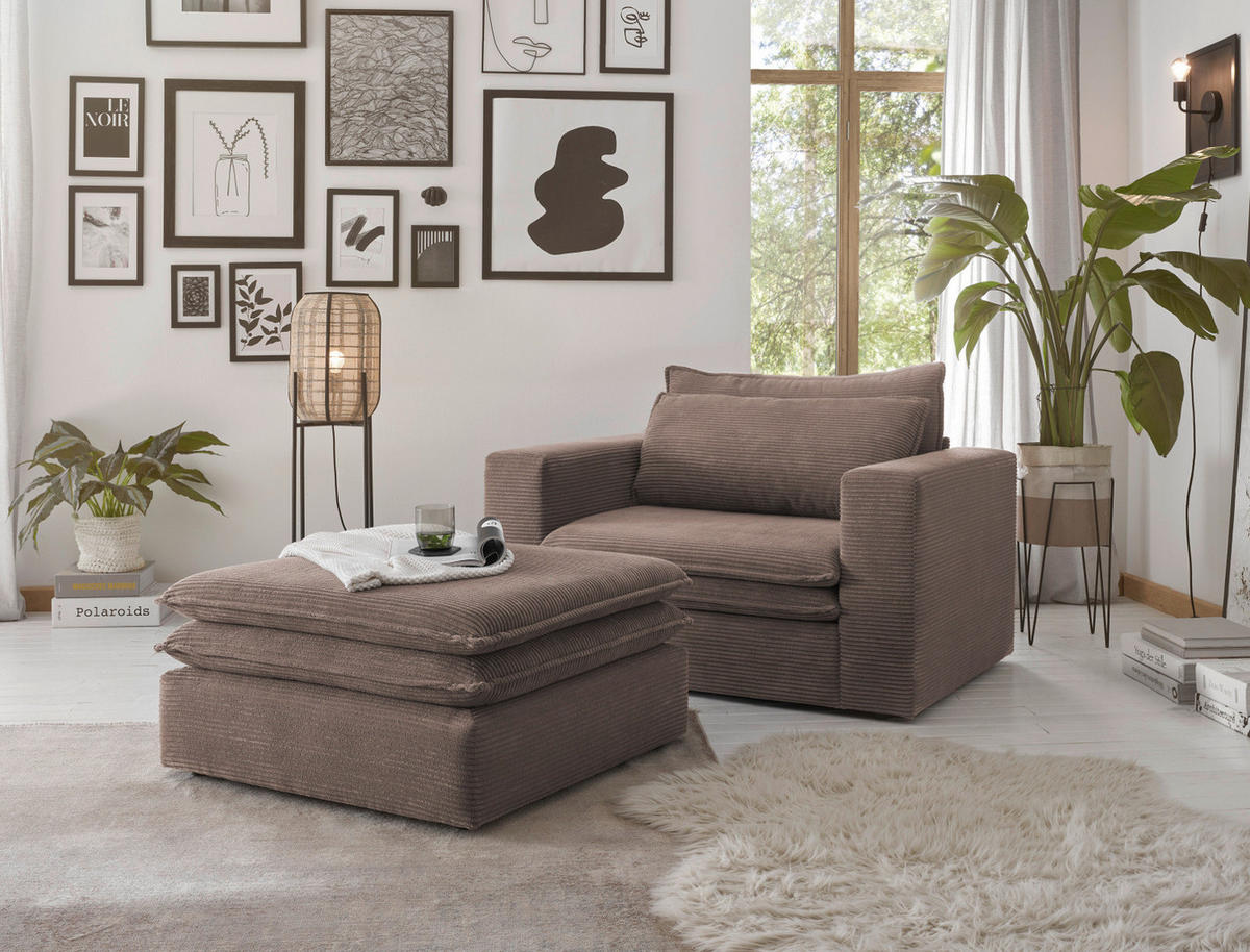 LOVESEAT Set braun Cord, Couch Loungesessel inklusive Hocker - Beige/Braun, Holz/Kunststoff (176/83/125cm) - Furn.Design