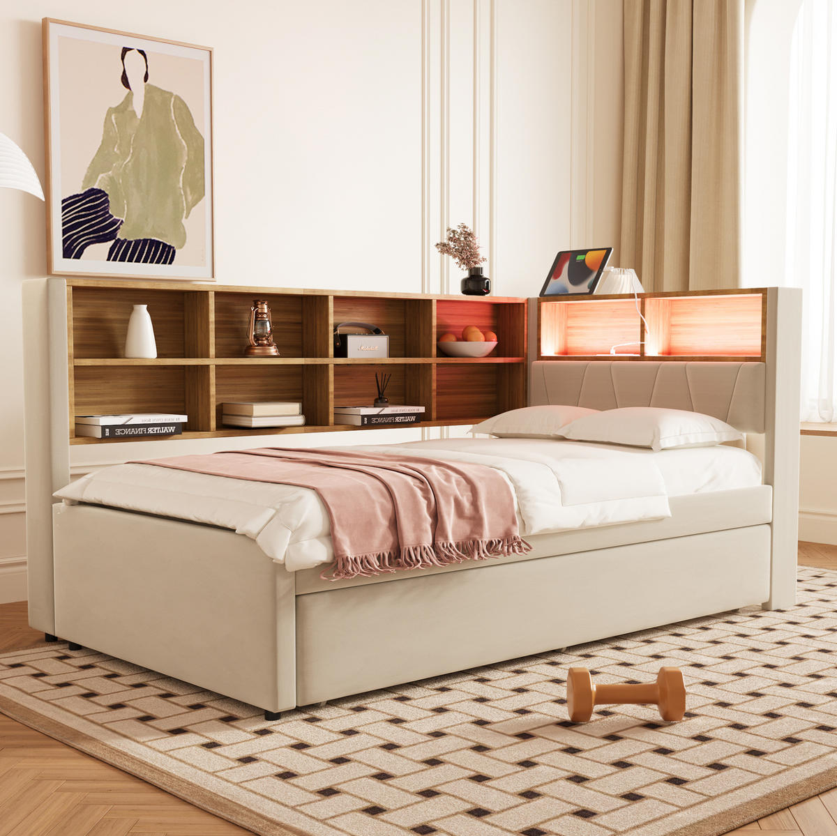 ČALÚNENÁ posteľ 90/200 cm béžová s výsuvným lôžkom, LED osvetlením a úložným priestorom z flanelu - béžová, textil (90/200cm) - OKWISH