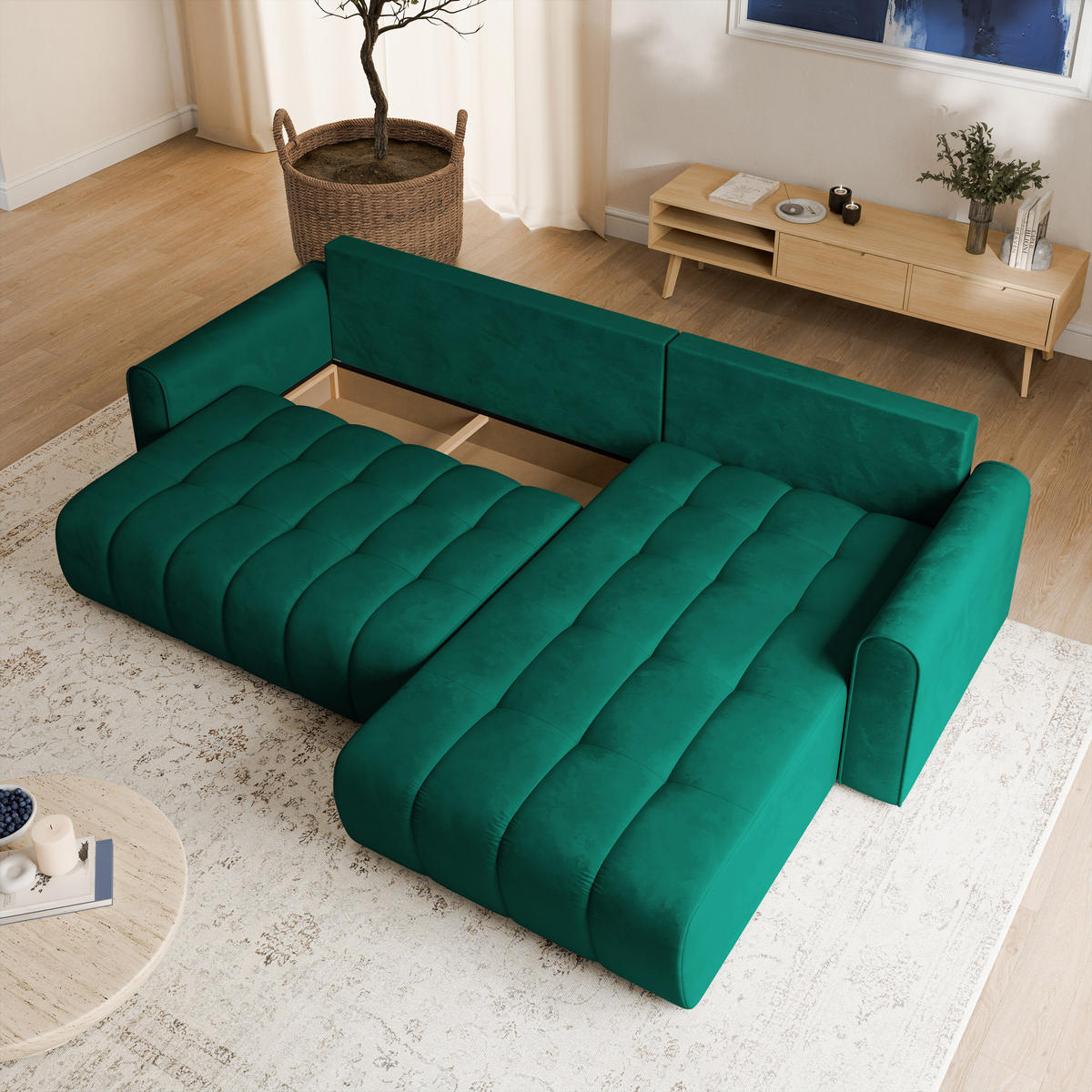 ECKSOFA FRIGA Grün Velours-Stoff mit Schlaffunktion - Grün, Holz (283/185cm) - MASSENO
