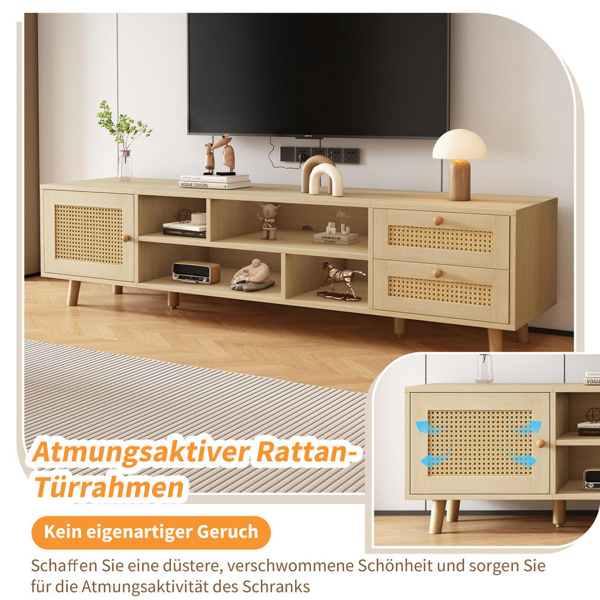 TV-SCHRANK 160cm Holzfarbe Rattan 2 Schubladen 1 Tür bis 70 Zoll - Braun, Holz (45.5/13.5/93cm) - FLIEKS