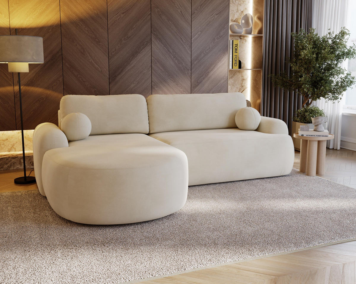 ECKSOFA Cloudy Creme, Sofa aus Velourstoff mit Kissen, linke seite - Creme, Holzwerkstoff/Textil (177/261cm) - Bettso