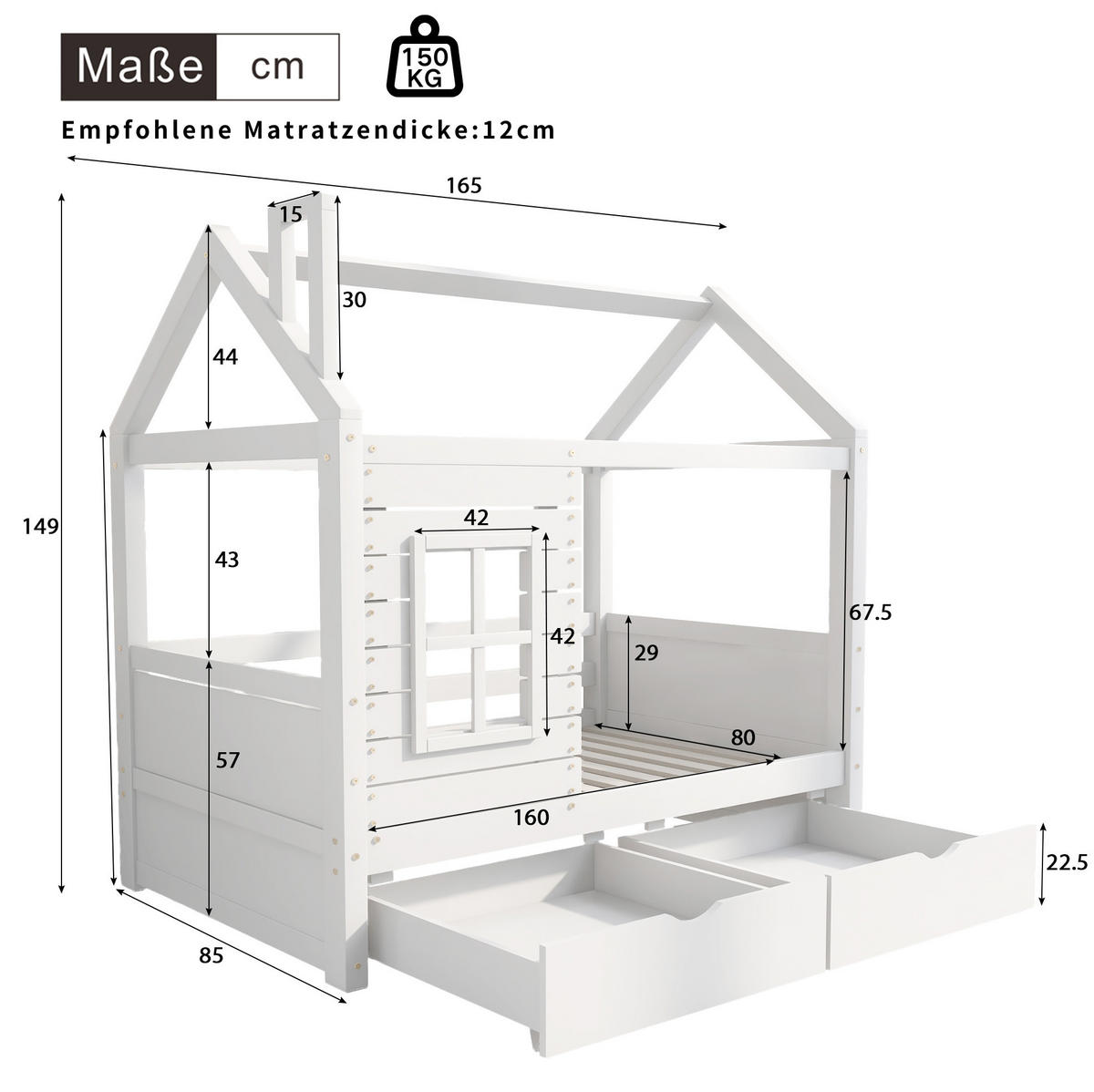 KINDERBETT Hausbett 80/160 cm aus massivem Kiefernholz mit Rausfallschutz - Weiß, Holzwerkstoff (80/160cm) - BEAOK
