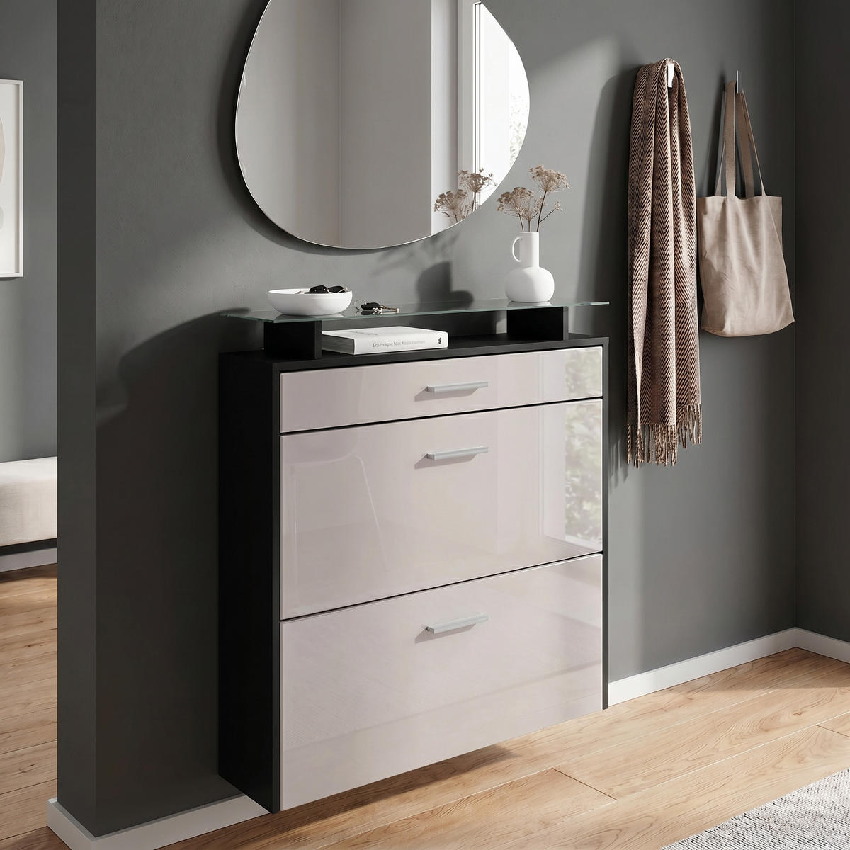 SCHUHSCHRANK Malea Front in Sandgrau Hochglanz - Sandfarben, Holzwerkstoff (89/96/23cm) - Vladon