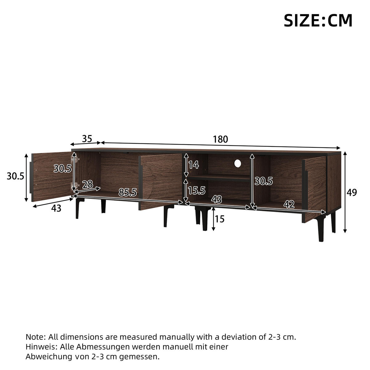 LOWBOARD Modellname Dunkelwalnussfarben 180/35/49 cm - Wildeiche, Holz (180/49/35cm) - PANGIVO