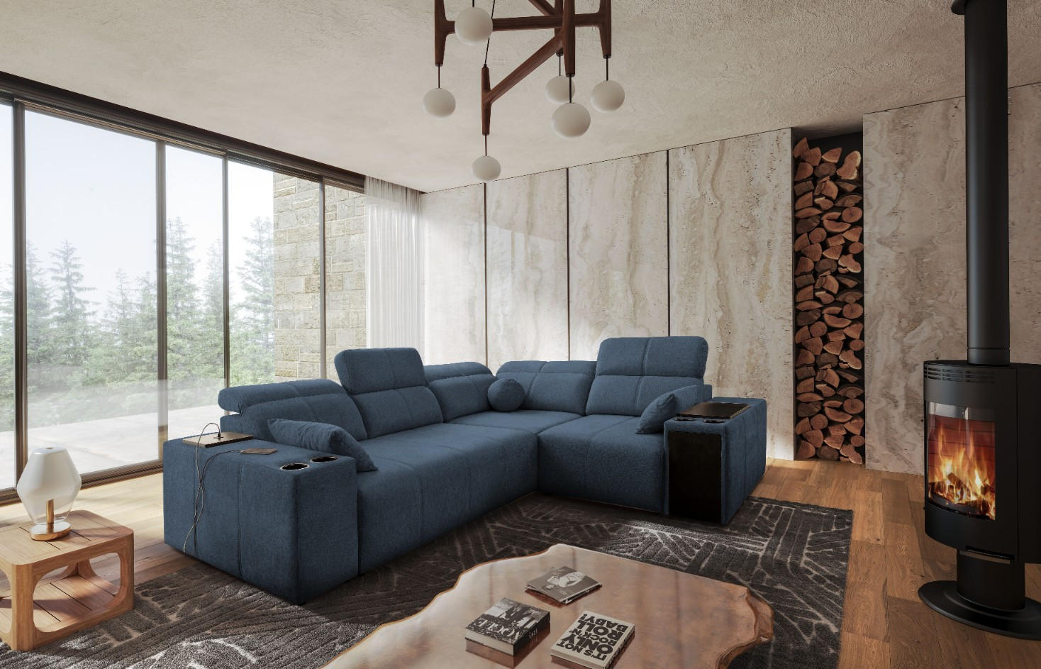 ECKSOFA Mit Schlaffunktion USB Und Verstellbarer Rückenlehne Mindy II Blau Rechts - Blau, Holz/Textil (288/219cm) - Kaiser Möbel