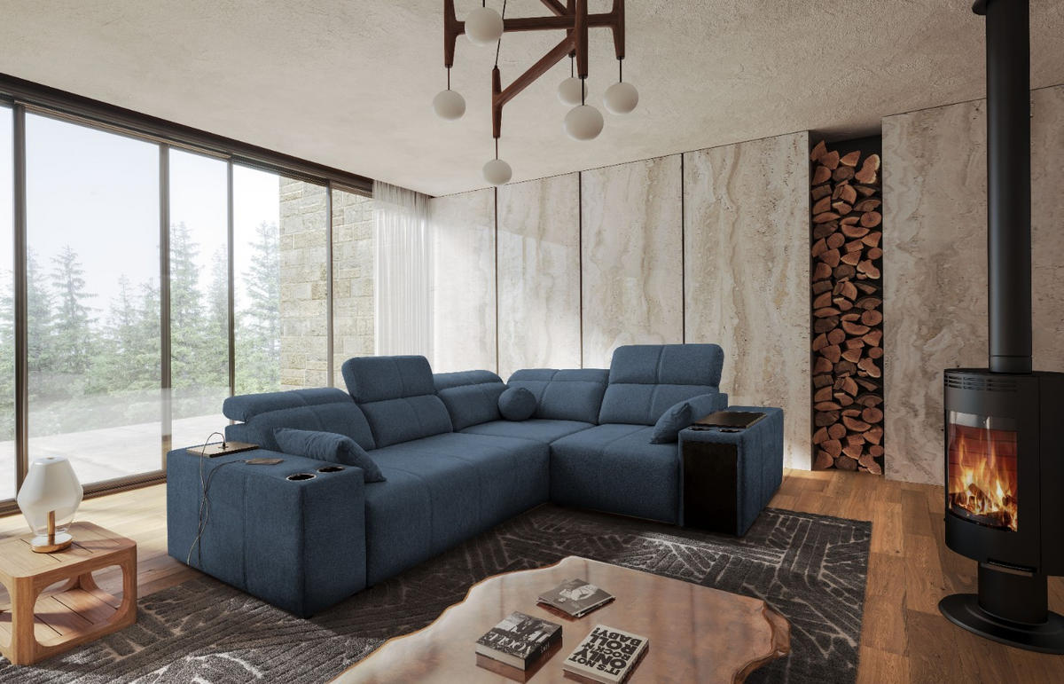 ECKSOFA Mit Schlaffunktion USB Und Verstellbarer Rückenlehne Mindy II Blau Rechts - Blau, Holz/Textil (288/219cm) - Kaiser Möbel