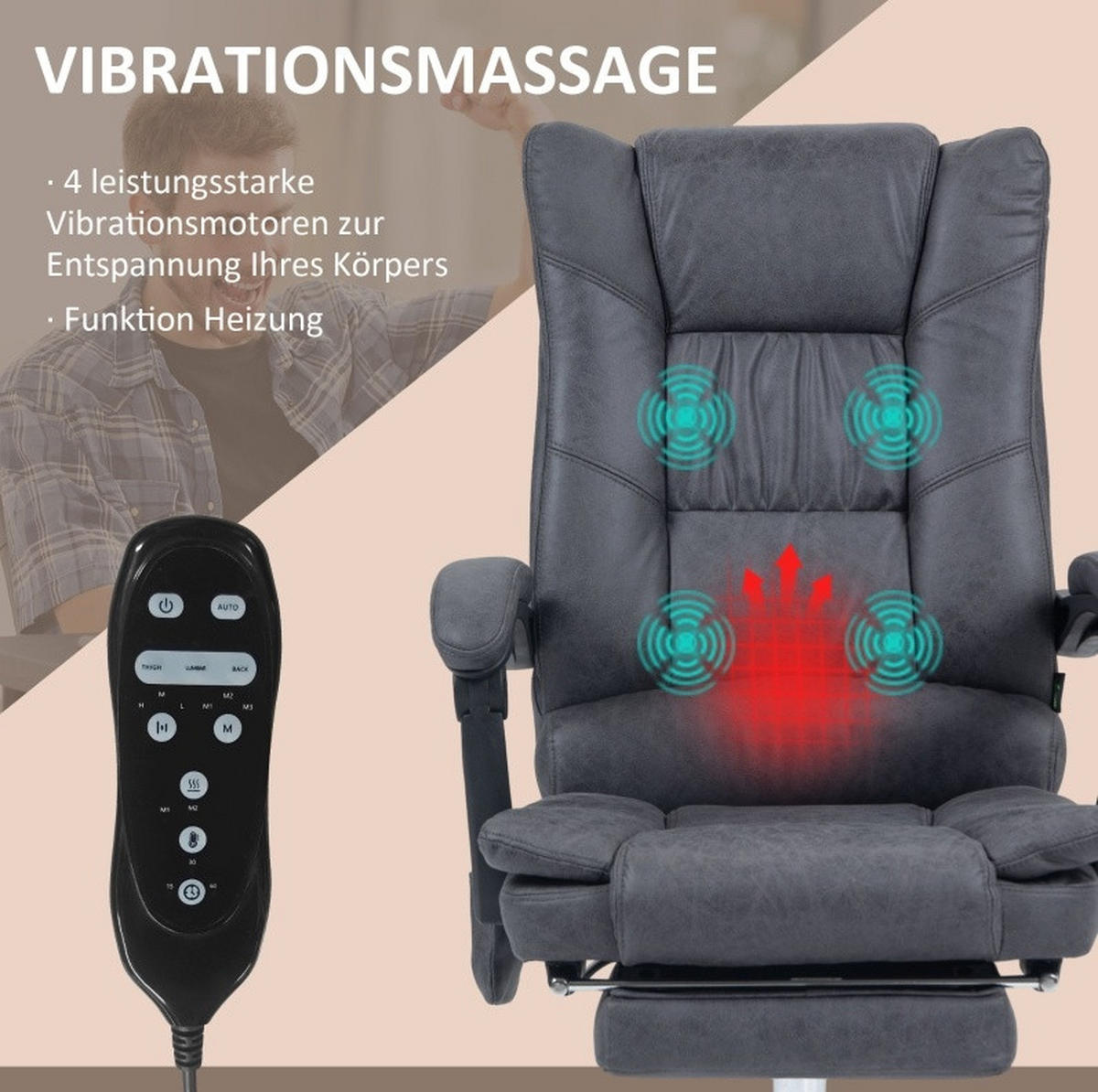 BÜROSTUHL mit Massagefunktion höhenverstellbar Dark Grey - Dunkelgrau, Kunststoff (70/118/64cm) - Meubliv
