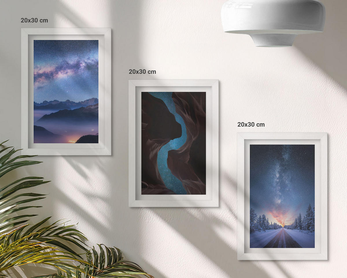 WANDBILDER 3er-Set - 20x30 cm Weißer Rahmen - Nachthimmel, Berge, Winterlandschaft - Weiß, Kunststoff (20/30cm) - ArtPrintCave