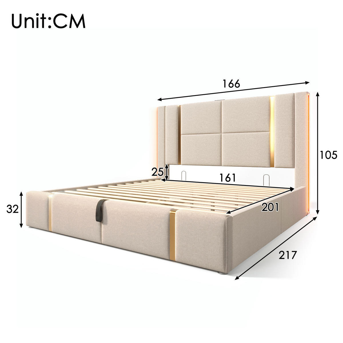 POLSTERBETT mit Stauraum, LED & USB/Typ-C 160x200 cm Beige - Beige, Metall (160/200cm) - Meubliv