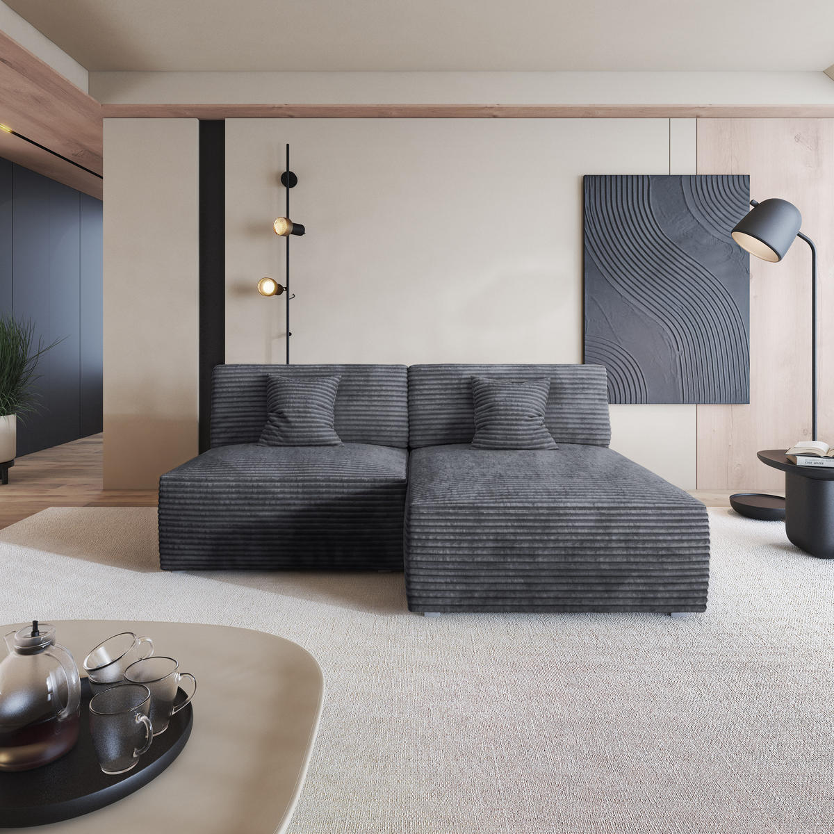 ECKSOFA FIORO Graphitfarben Kordstoff mit Schlaffunktion - Graphitfarben, Holz (204/148cm) - MASSENO