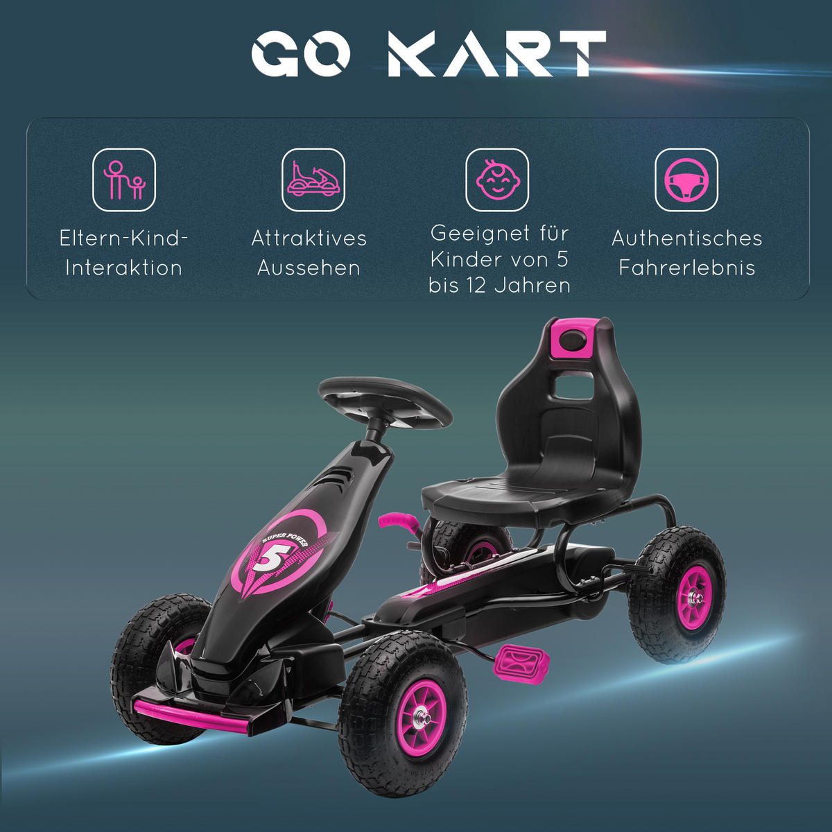 GOKART, Kinderfahrzeug mit verstellbarem Schalensitz, Tretauto, Rosa - Rosa, Metall (121/58/61cm) - HOMCOM