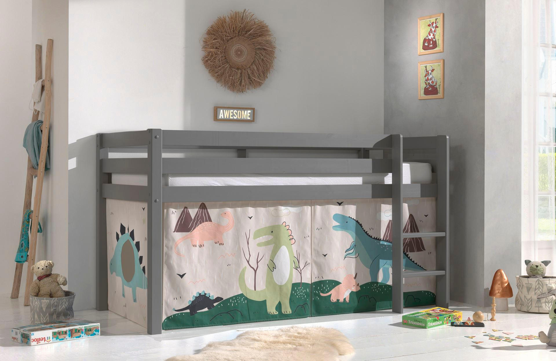 KINDERBETT Karolina 210x114x106 Massivholz Grau Textilset Dino - Mauve/Grau, Holz (90/200cm) - 58aufmkessel