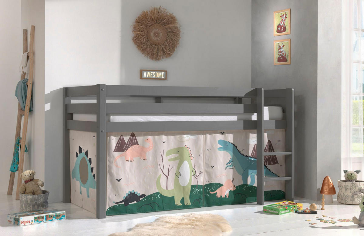 KINDERBETT Karolina 210x114x106 Massivholz Grau Textilset Dino - Mauve/Grau, Holz (90/200cm) - 58aufmkessel