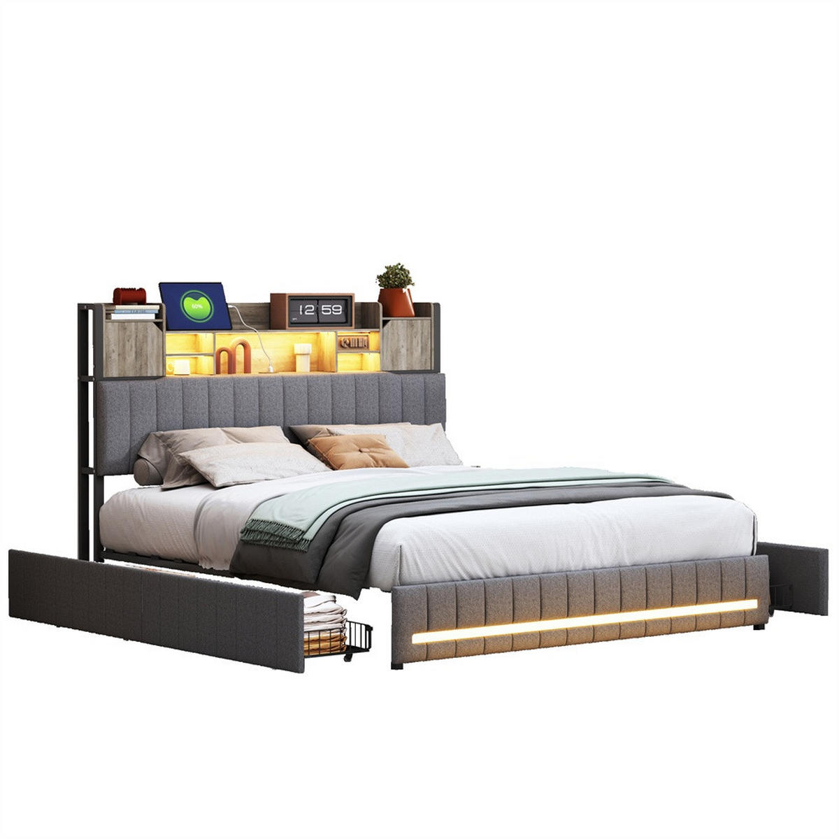 POLSTERBETT 160x200cm - Doppelbett 160x200cm mit Schubladen - RGB-LED-Beleuchtung - ohne Matratze - Grau - Grau, Textil (160/200cm) - DELFA