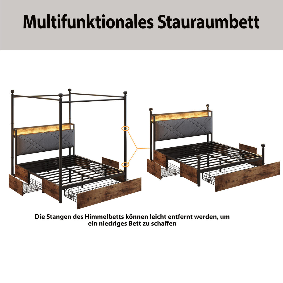 METALLBETT 140/190 cm in Schwarz mit 3 Schubladen, LED und USB - Schwarz, Holzwerkstoff/Metall (140/190cm) - WISHDOR
