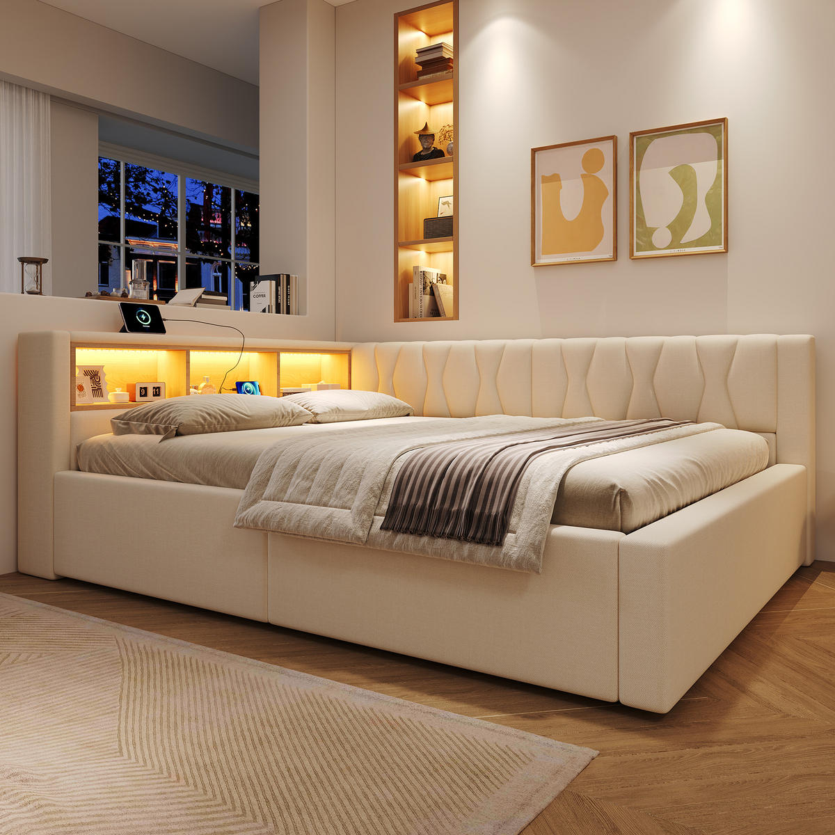 TAGESBETT 140x200cm Schlafsofa Hydraulik LED USB Beige - Beige, Naturmaterialien (140/200cm) - FLIEKS