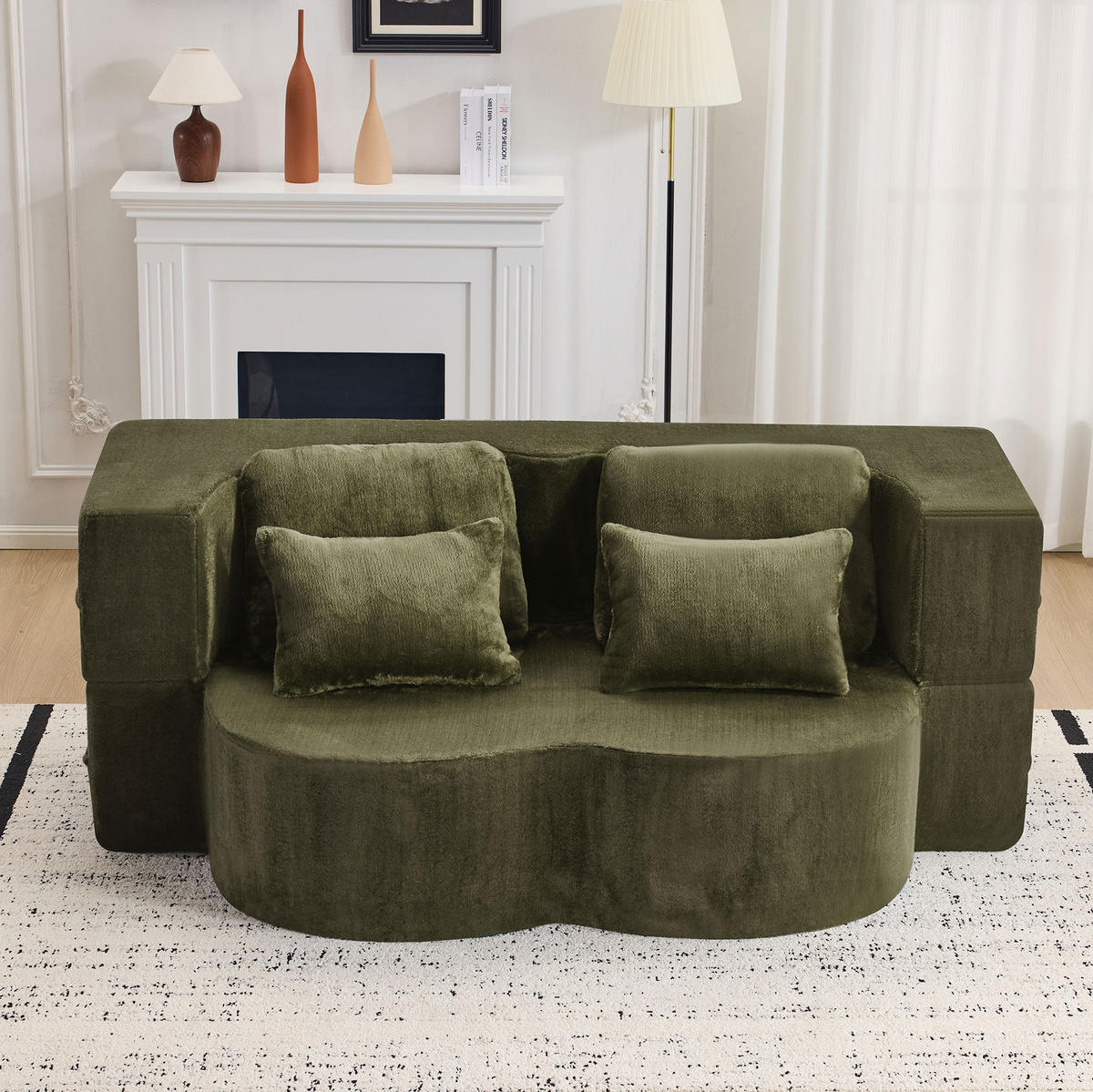 SCHLAFSOFA aus Schaumstoff und Federkern Grün 2-in-1 mit 4 Kissen und klappbarer Liegefunktion - Grün, Kunststoff (198/76/60cm) - Modfu